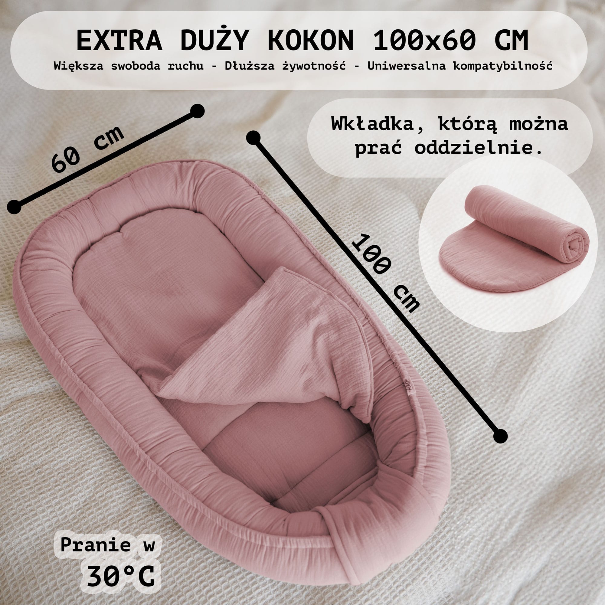 Kokon niemowlęcy z wyjmowanym wkładem PaLulli® PREMIUM z muślinu 100x60 cm z klapką na rzep - Różowy - obrazek 2