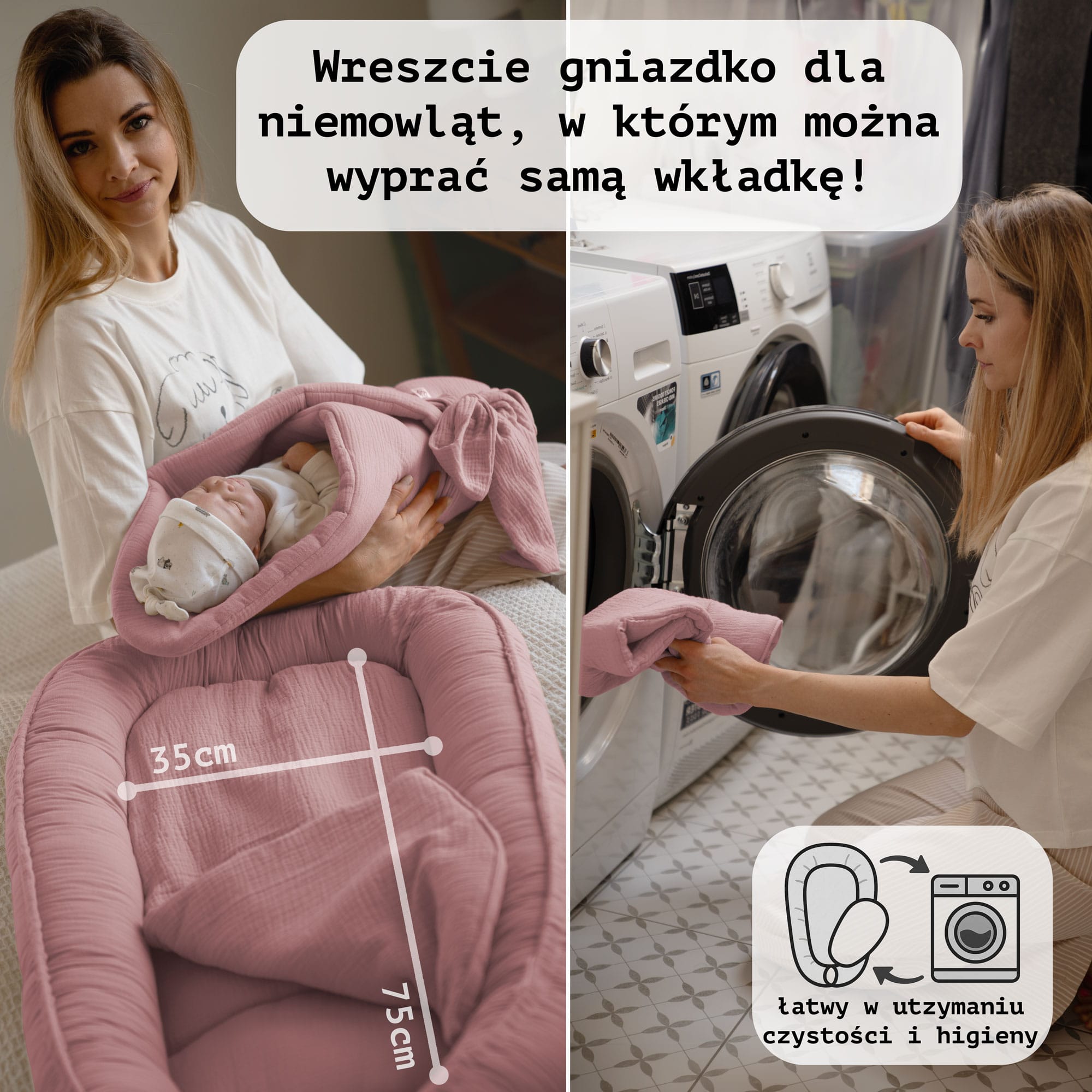 Kokon niemowlęcy z wyjmowanym wkładem PaLulli® PREMIUM z muślinu 100x60 cm z klapką na rzep - Różowy - obrazek 6