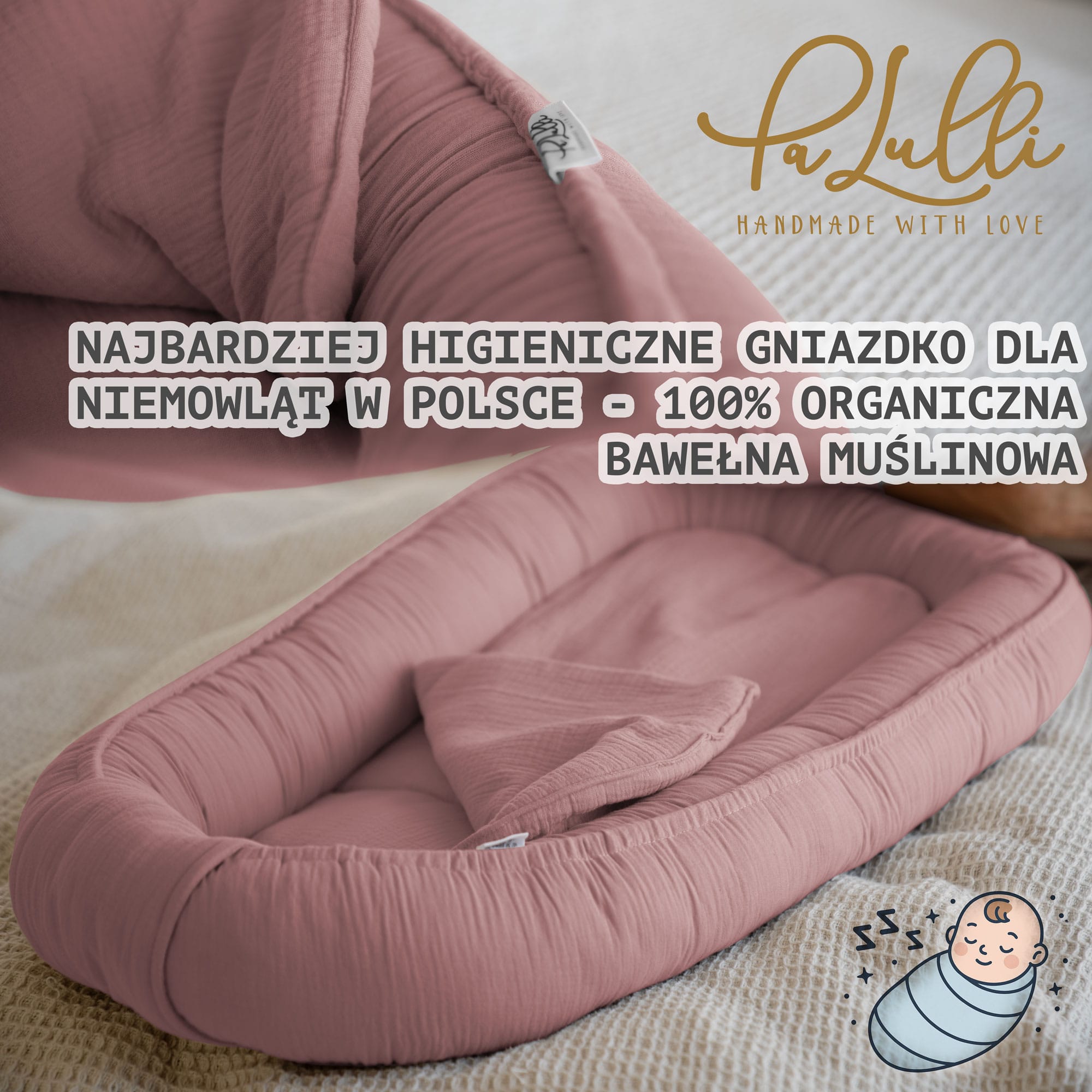 Kokon niemowlęcy z wyjmowanym wkładem PaLulli® PREMIUM z muślinu 100x60 cm z klapką na rzep - Różowy - obrazek 5
