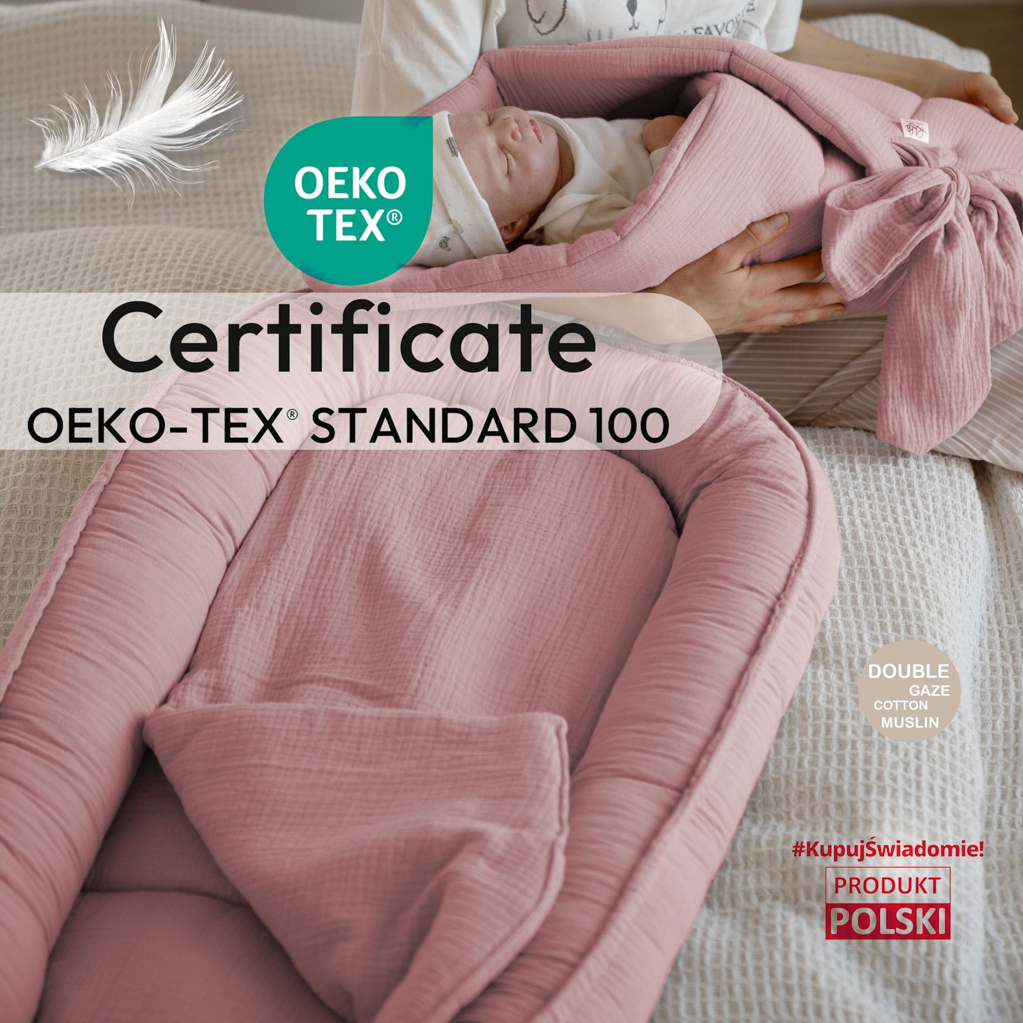 Kokon niemowlęcy z wyjmowanym wkładem PaLulli® PREMIUM z muślinu 100x60 cm z klapką na rzep - Różowy - obrazek 4