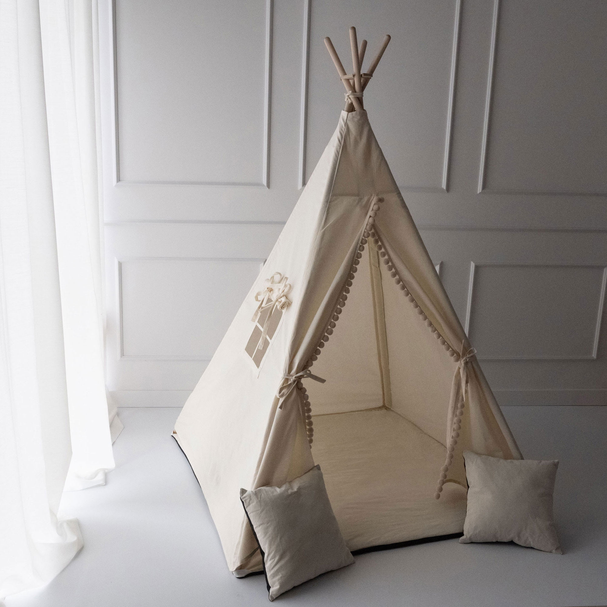 Namiot dla dzieci TIPI - Zestaw 5 elementowy - Beżowy z kulkami - obrazek 2