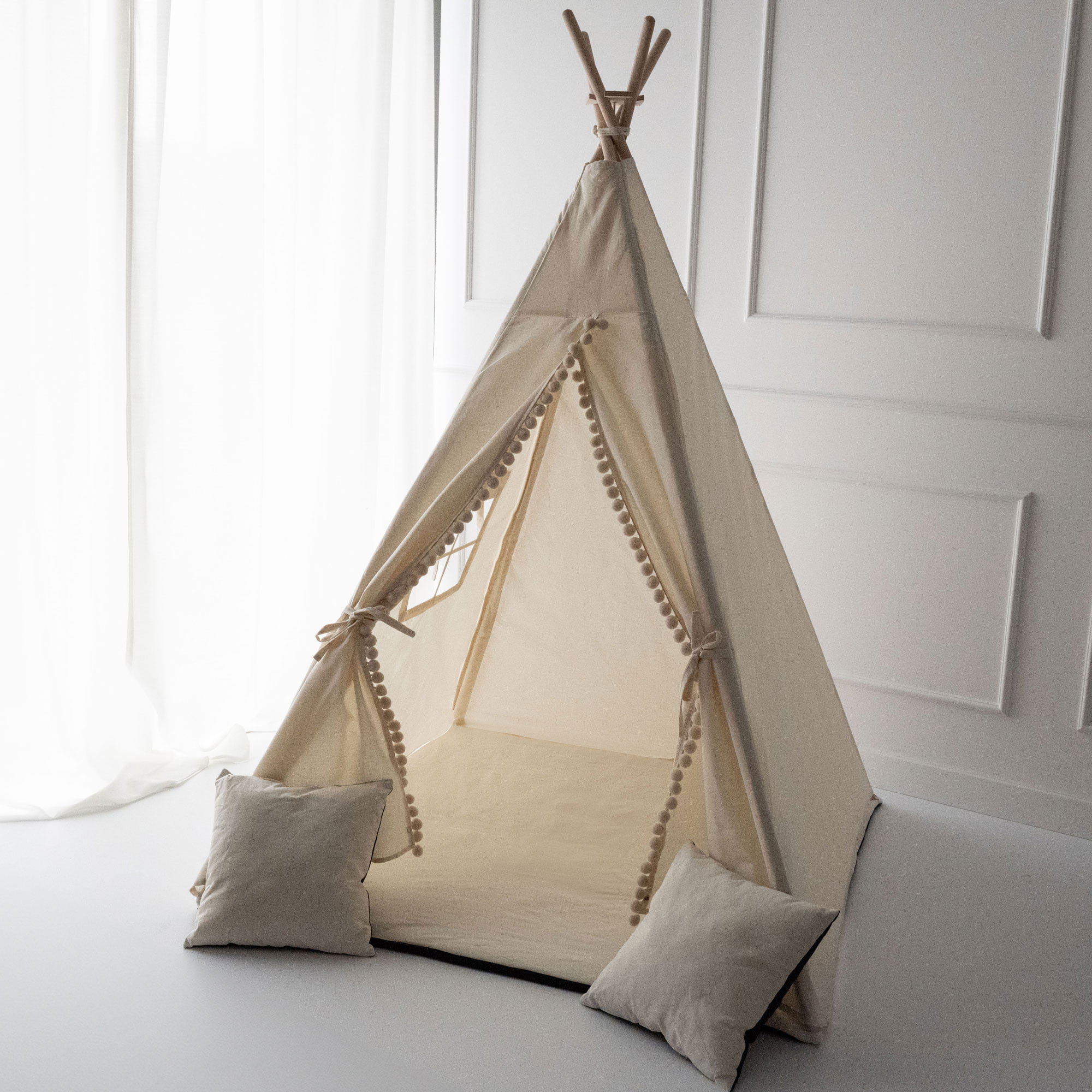 Namiot dla dzieci TIPI - Zestaw 5 elementowy - Beżowy z kulkami - obrazek 4