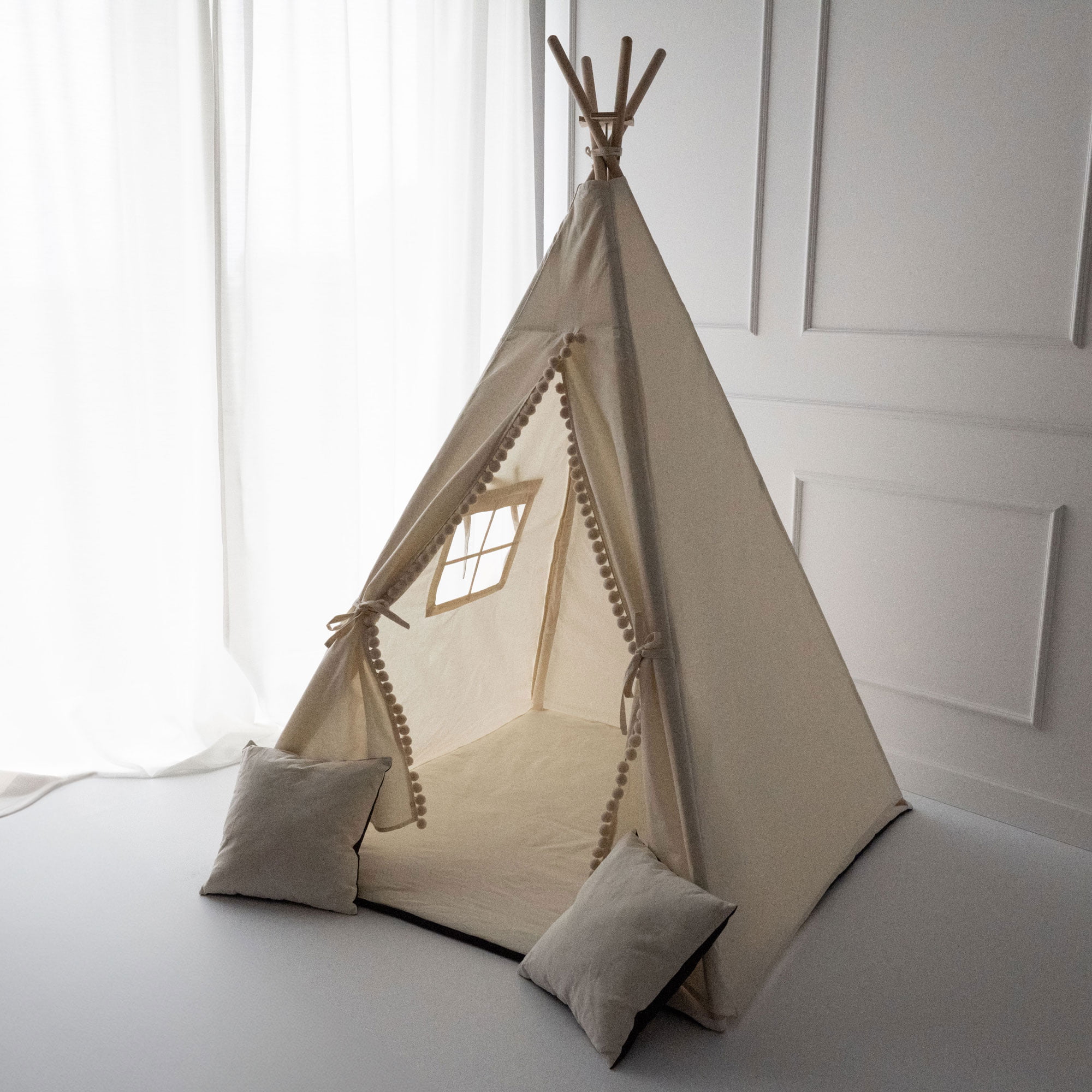 Namiot dla dzieci TIPI - Zestaw 5 elementowy - Beżowy z kulkami - obrazek 6