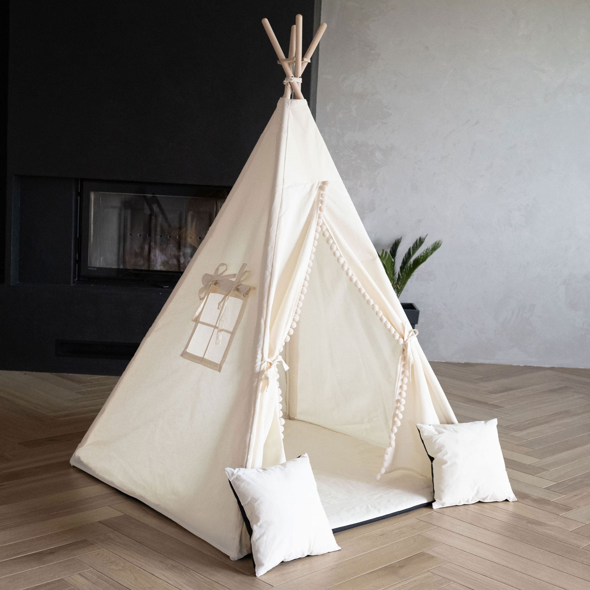 Namiot dla dzieci TIPI - Zestaw 5 elementowy - Beżowy z kulkami - obrazek 3