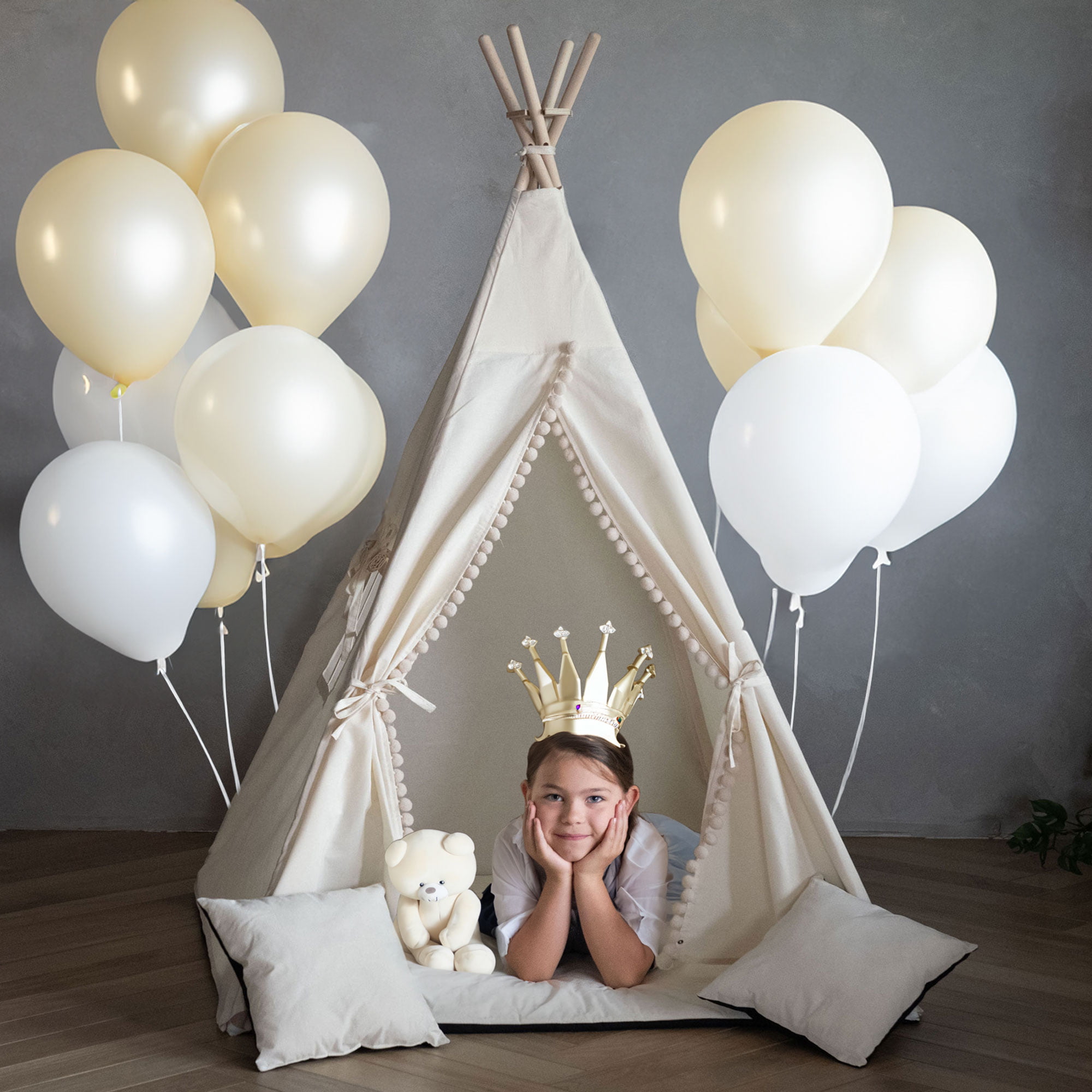 Namiot dla dzieci TIPI - Zestaw 5 elementowy - Beżowy z kulkami