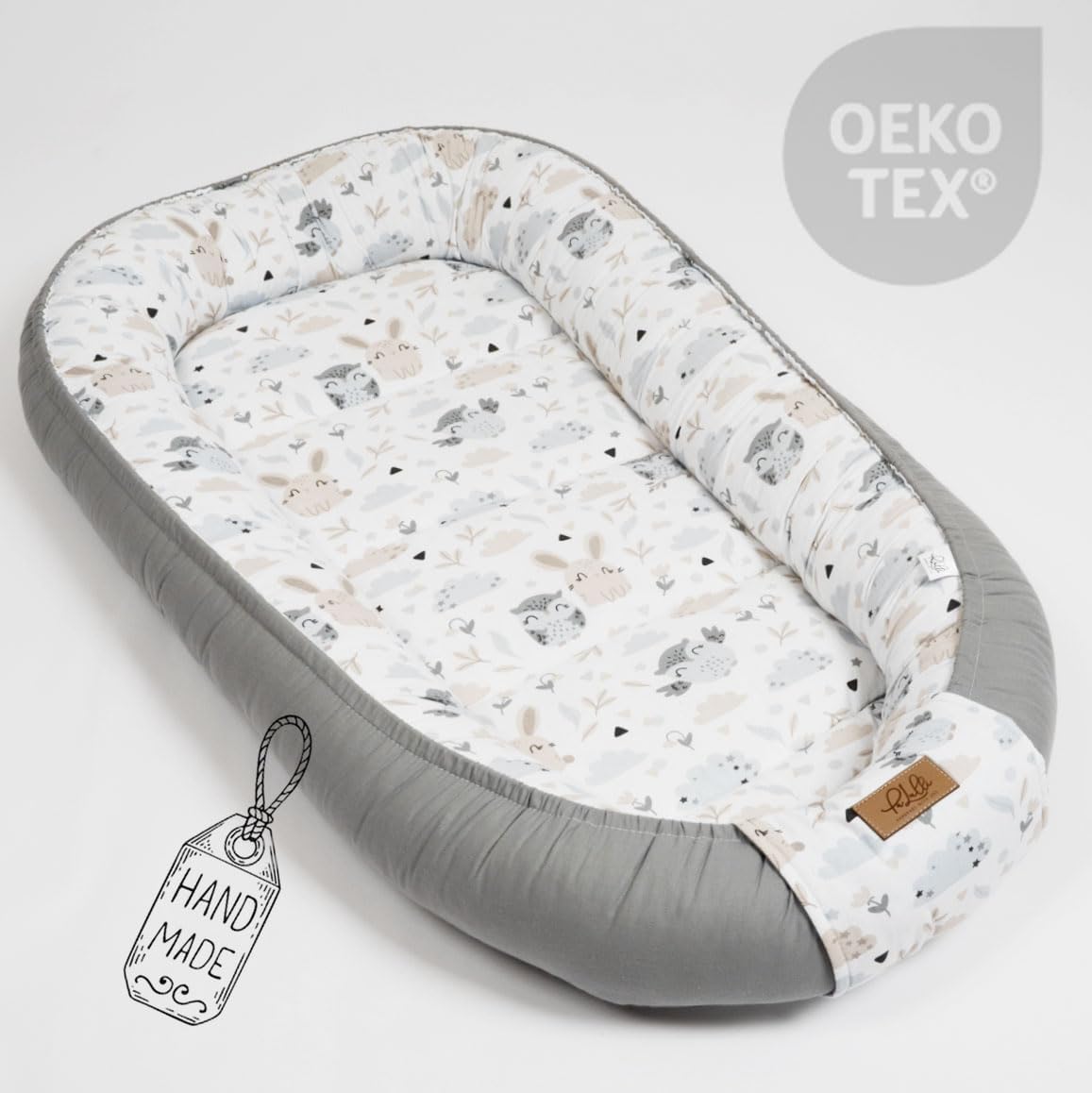 Kokon niemowlęcy z wyjmowanym wkładem PaLulli® PREMIUM z bawełny 100x60 cm z klapką na rzep, wzór: szare sowy - obrazek 3