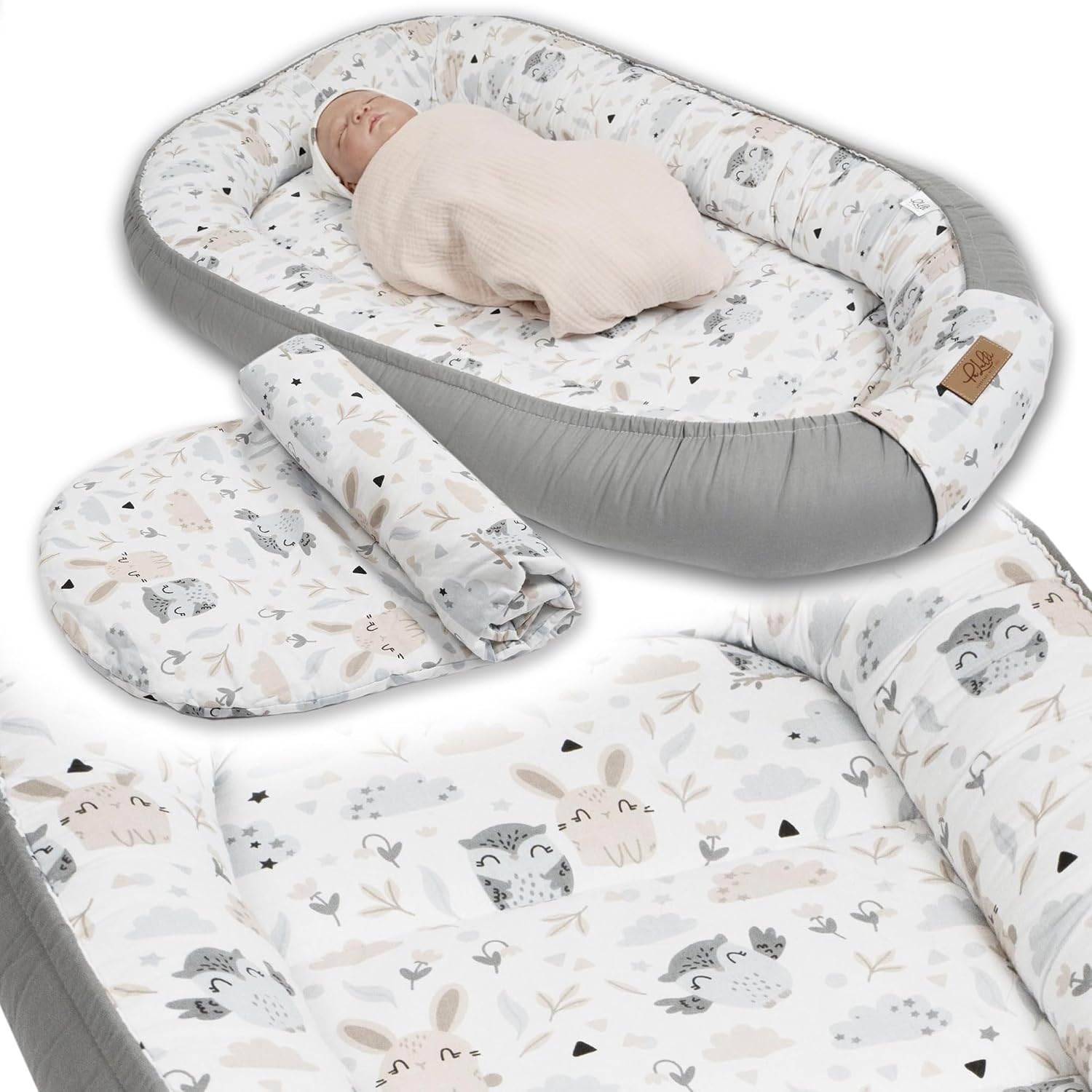 Kokon niemowlęcy z wyjmowanym wkładem PaLulli® PREMIUM z bawełny 100x60 cm z klapką na rzep, wzór: szare sowy - obrazek 2