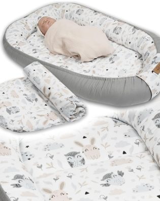Kokon niemowlęcy z wyjmowanym wkładem PaLulli® PREMIUM z bawełny 100x60 cm z klapką na rzep, wzór: szare sowy