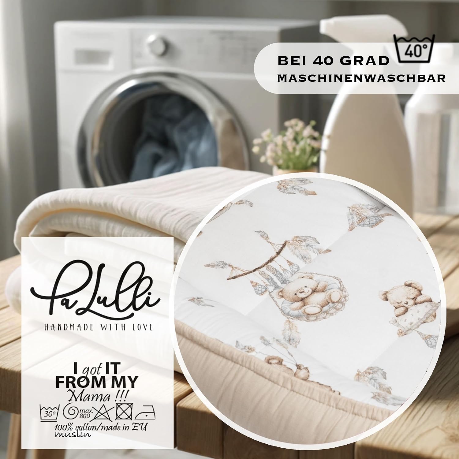 Kokon niemowlęcy PaLulli® PREMIUM z bawełny 100x60 cm z klapką na rzep wzór w beżowe misie - obrazek 4