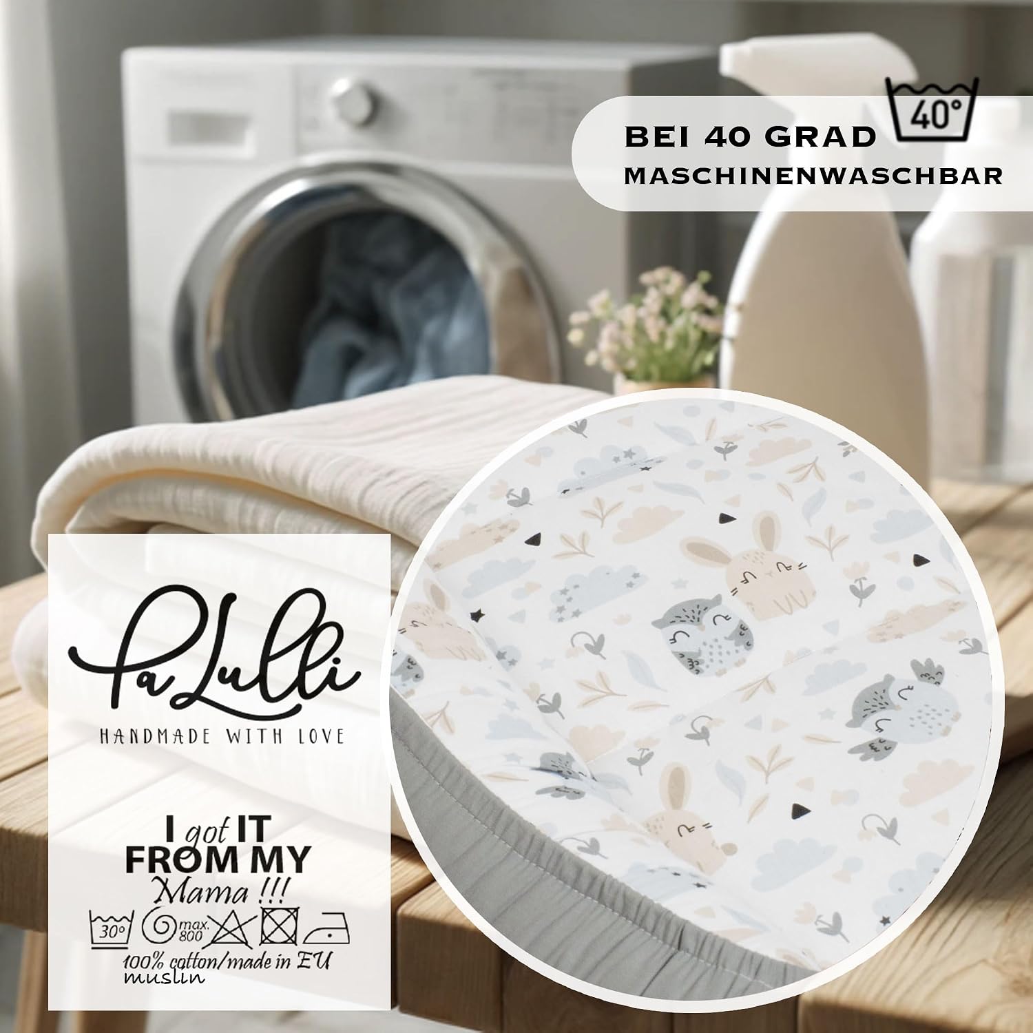 Kokon niemowlęcy PaLulli® PREMIUM z bawełny 100x60 cm z klapką na rzep, wzór: szare sowy - obrazek 3