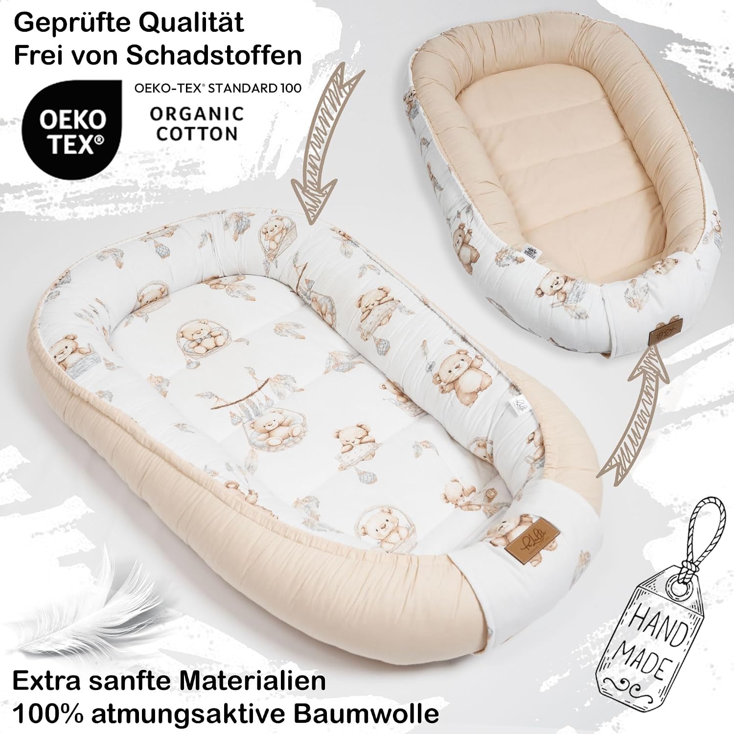 Kokon niemowlęcy PaLulli® PREMIUM z bawełny 100x60 cm z klapką na rzep wzór w beżowe misie - obrazek 3