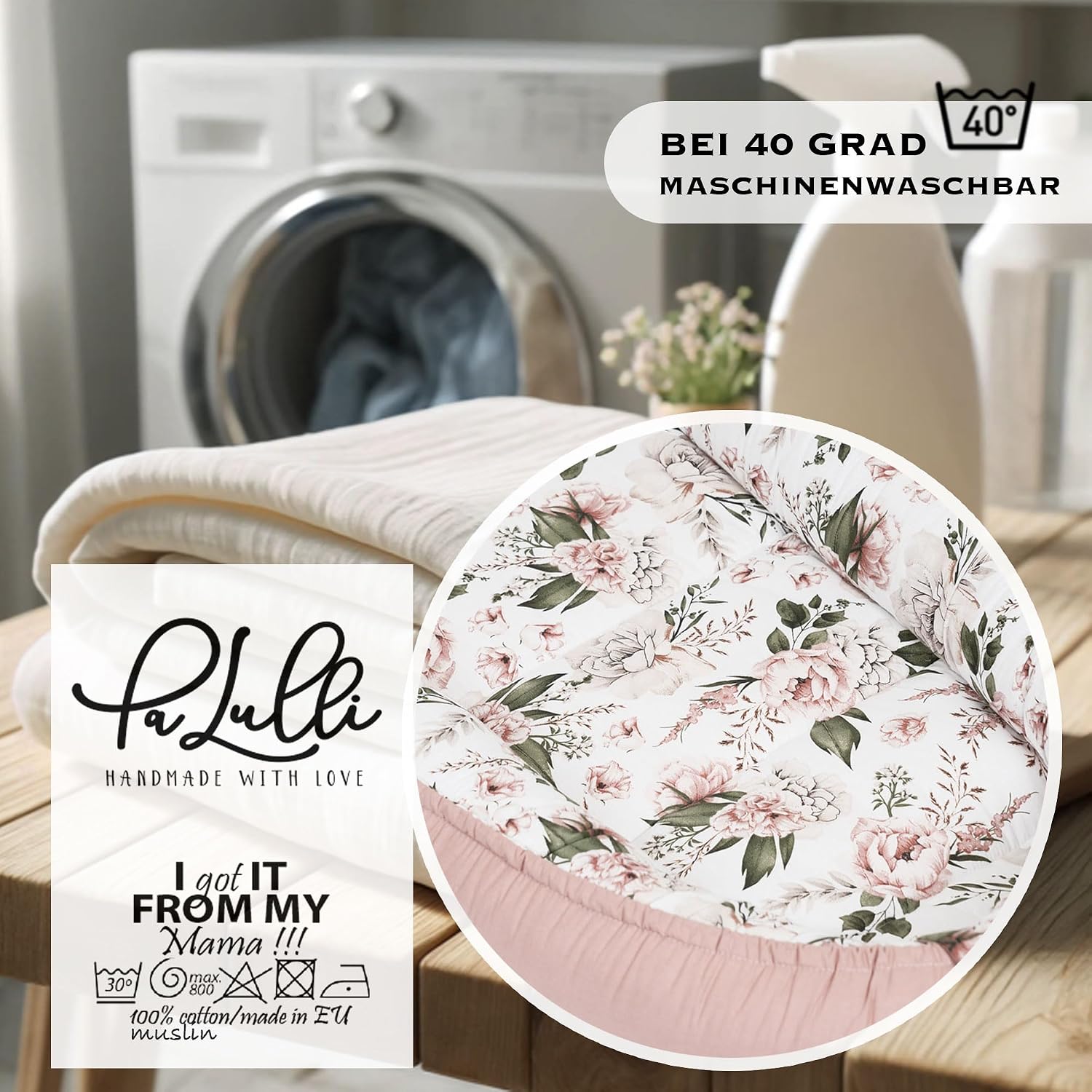 Kokon niemowlęcy PaLulli® PREMIUM z bawełny 100x60 cm z klapką na rzep wzór w pudrowe róże - obrazek 3
